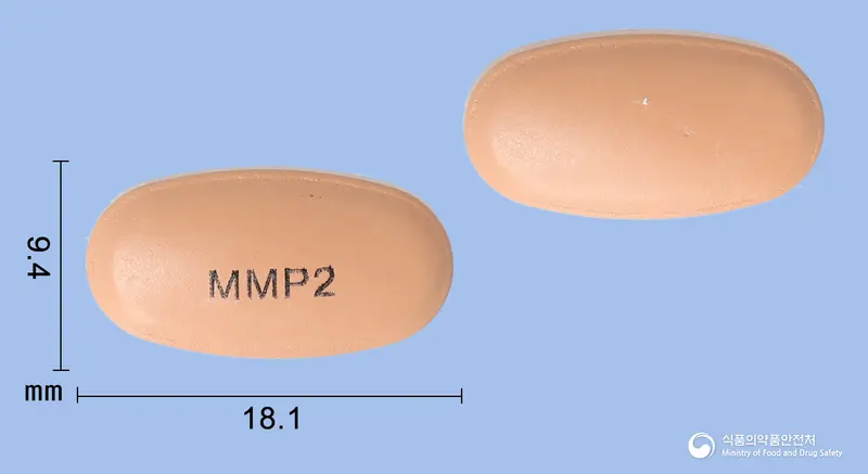 크레아정 앞뒤 사진 (주황색 타원형, 각인 MMP2)