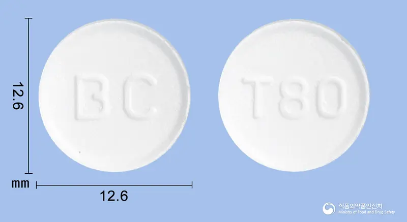 텔바로오디정80밀리그램(텔미사르탄) 앞뒤 사진 (흰색 원형, 각인 BC / T80)
