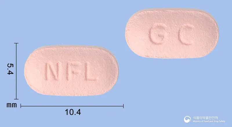 네오페노정48밀리그램(페노피브레이트) 앞뒤 사진 (분홍색 타원형, 각인 NFL / GC)