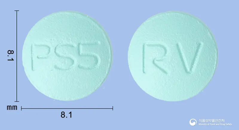 카프릭스정 앞뒤 사진 (초록색 원형, 각인 PS5 / RV)