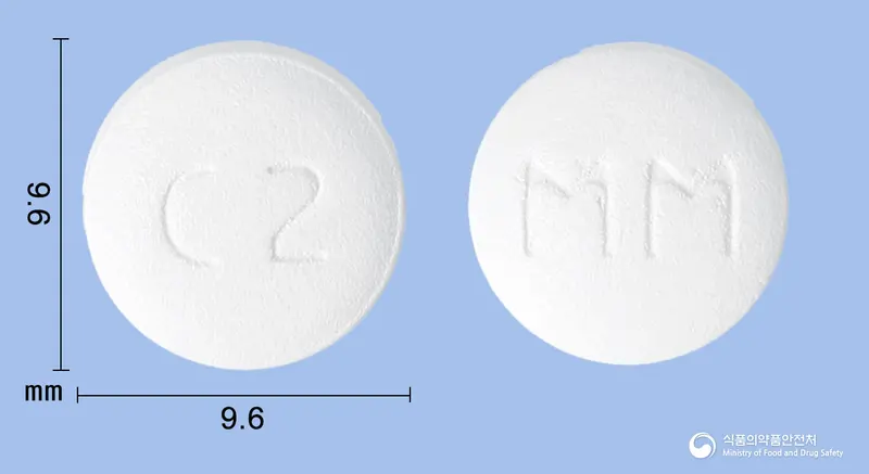칸데산에스정16/2.5밀리그램(칸데사르탄,에스암로디핀) 앞뒤 사진 (흰색 원형, 각인 C2 / MM)