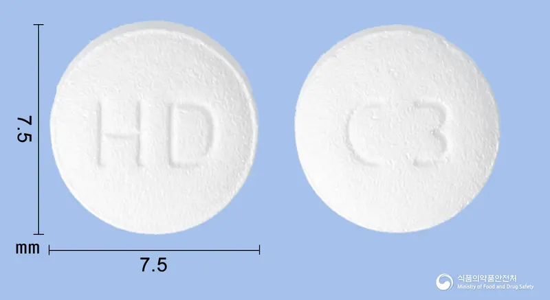 칸데바로정8/2.5mg(칸데사르탄실렉세틸,에스암로디핀베실산염) 앞뒤 사진 (흰색 원형, 각인 HD / C3)
