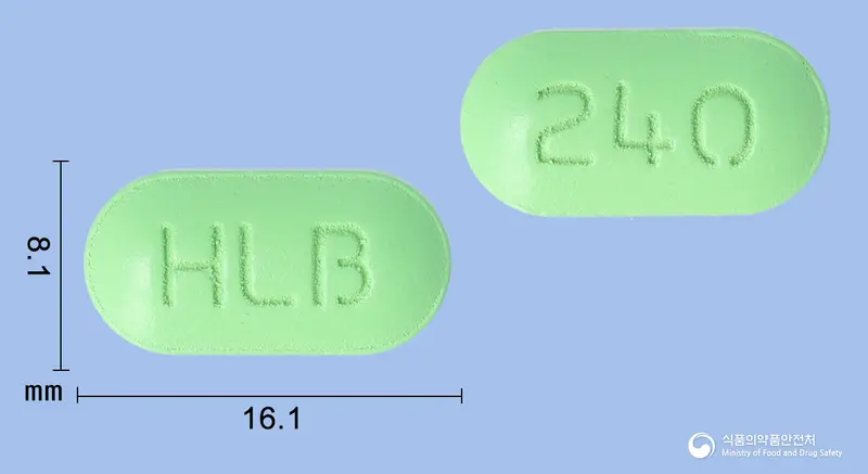 써큐렉스정240밀리그램(은행엽건조엑스) 앞뒤 사진 (연두색 장방형, 각인 HLB / 240)