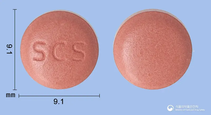 코대원플러스정 앞뒤 사진 (빨간색 원형, 각인 SCS)