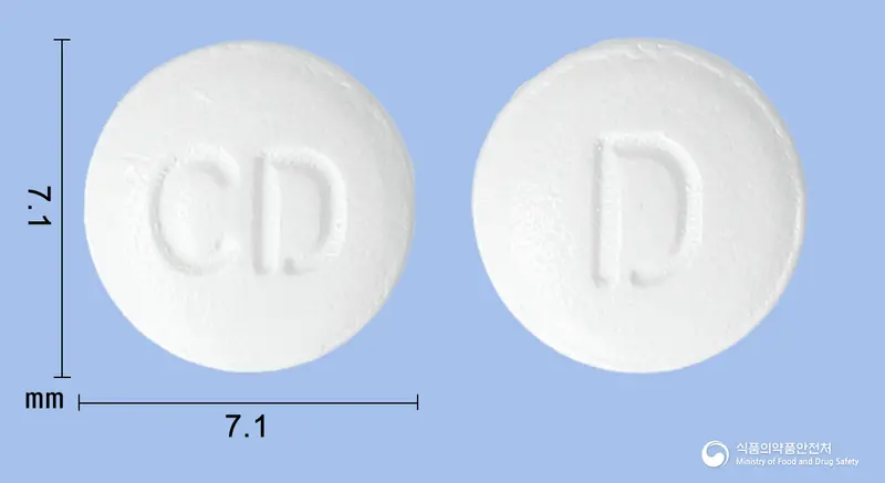 자미솔정(독시라민숙신산염) 앞뒤 사진 (흰색 원형, 각인 CD / D)