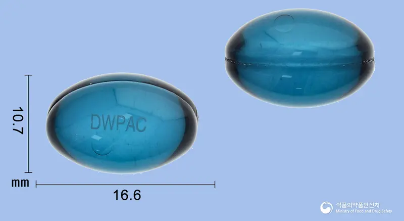 대원콜코프연질캡슐 앞뒤 사진 (파란색·투명 캡슐, 각인 DWPAC)