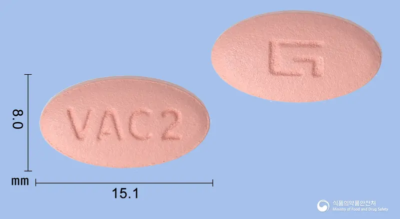 바로셋정10/160/25밀리그램(암로디핀베실산염,발사르탄,클로르탈리돈) 앞뒤 사진 (분홍색 타원형, 각인 VAC2)