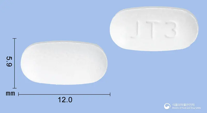 텔미칸에이플러스정40/5/12.5밀리그램(텔미사르탄, 암로디핀베실산염, 클로르탈리돈) 앞뒤 사진 (흰색 타원형, 각인 JT3)