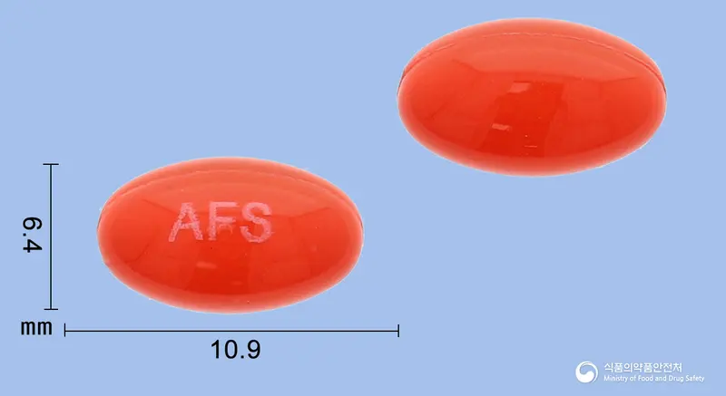 비카돌연질캡슐1마이크로그램(알파칼시돌) 앞뒤 사진 (주황색 캡슐, 각인 AFS)