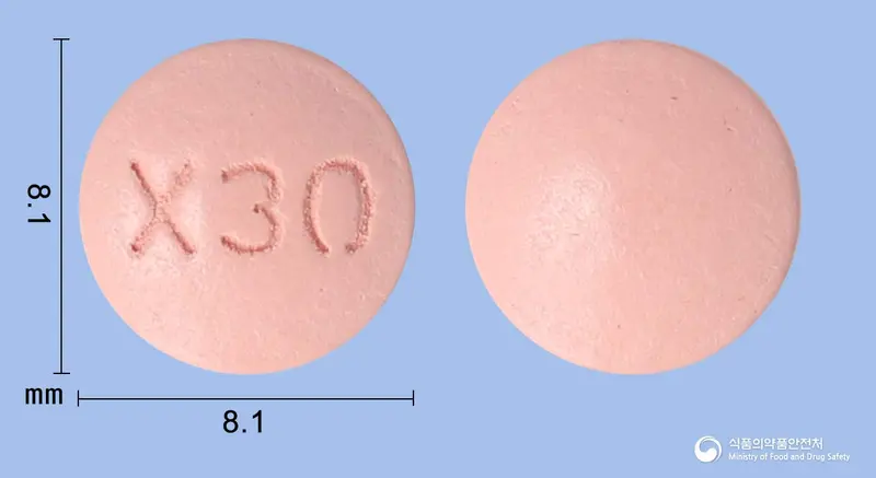 릭사정30mg(에독사반토실산염수화물) 앞뒤 사진 (분홍색 원형, 각인 X30)