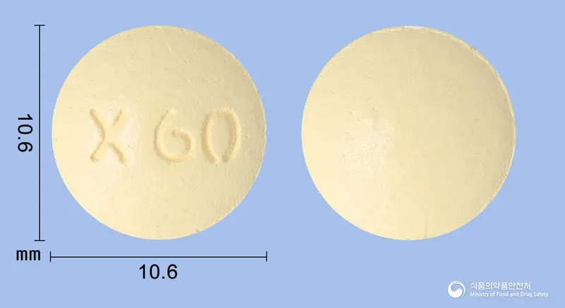 릭사정60mg(에독사반토실산염수화물) 앞뒤 사진 (노란색 원형, 각인 X60)