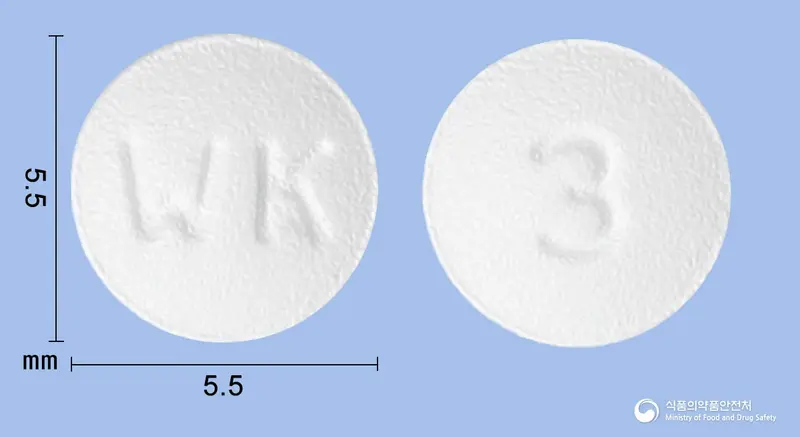 피타바정1mg(피타바스타틴칼슘수화물) 앞뒤 사진 (흰색 원형, 각인 WK / 3)