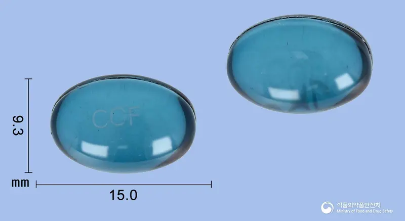 참코프연질캡슐 앞뒤 사진 (파란색·투명 캡슐, 각인 CCF)