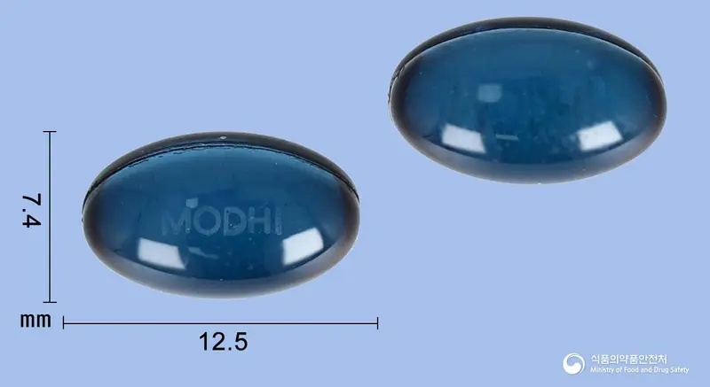 모드콜이부코프연질캡슐 앞뒤 사진 (파란색·투명 캡슐, 각인 MODHI)