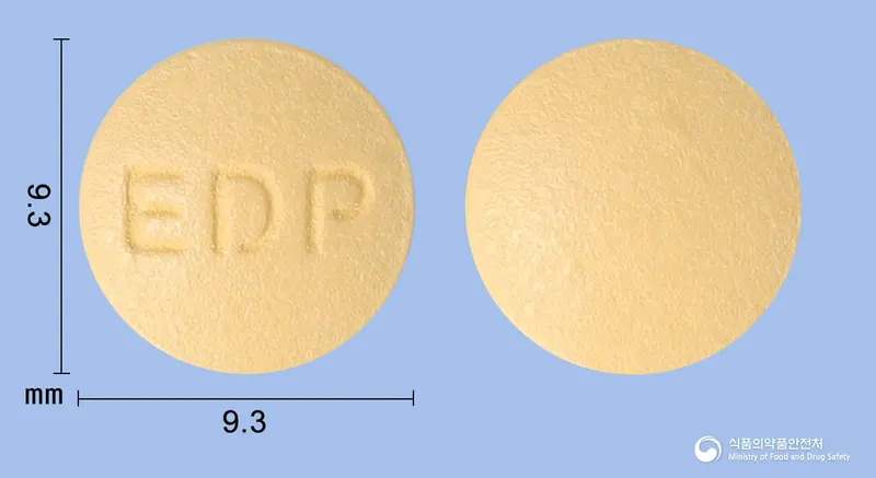 라펜디정(라록시펜, 콜레칼시페롤) 앞뒤 사진 (주황색 원형, 각인 EDP)