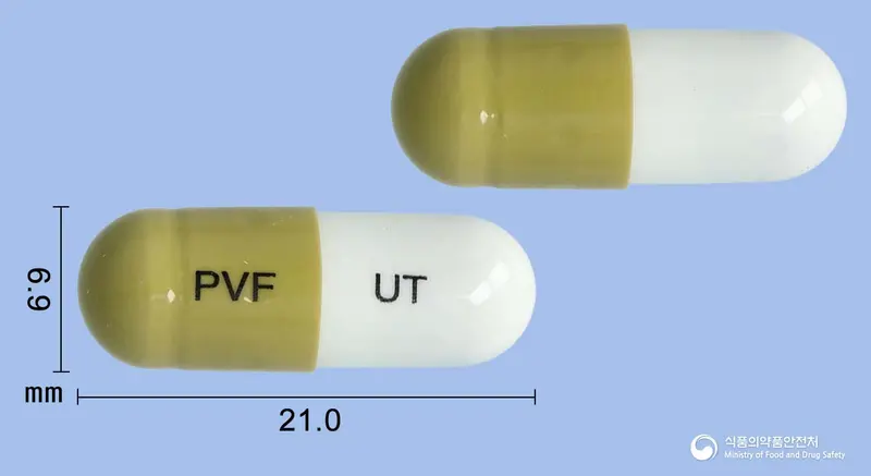 페노듀오캡슐(프라바스타틴, 페노피브릭산) 앞뒤 사진 (갈색 캡슐, 각인 PVF UT)